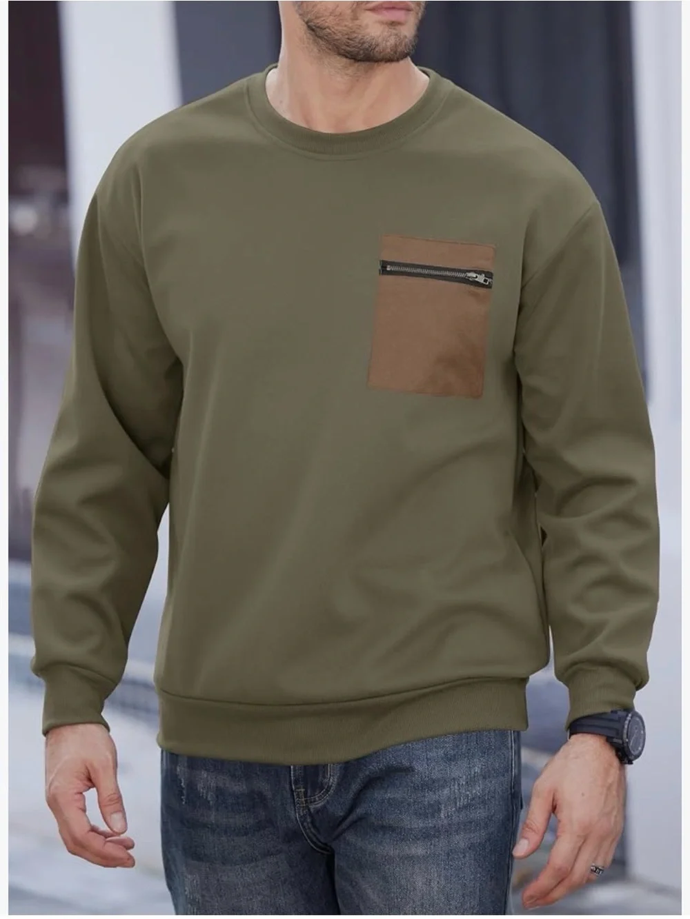 NWOT Men's Olive Green Crewneck Sweatshirt with Contrast Chest Pocket